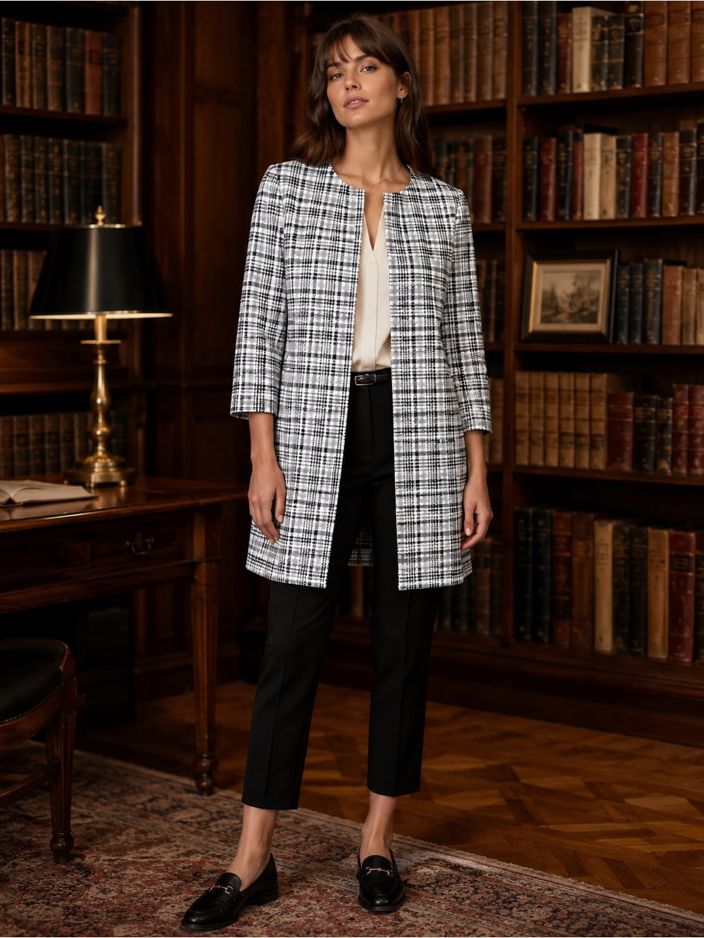Alex Marie Plaid Coat Dress Jacket Black White Academia Career Work Size 4